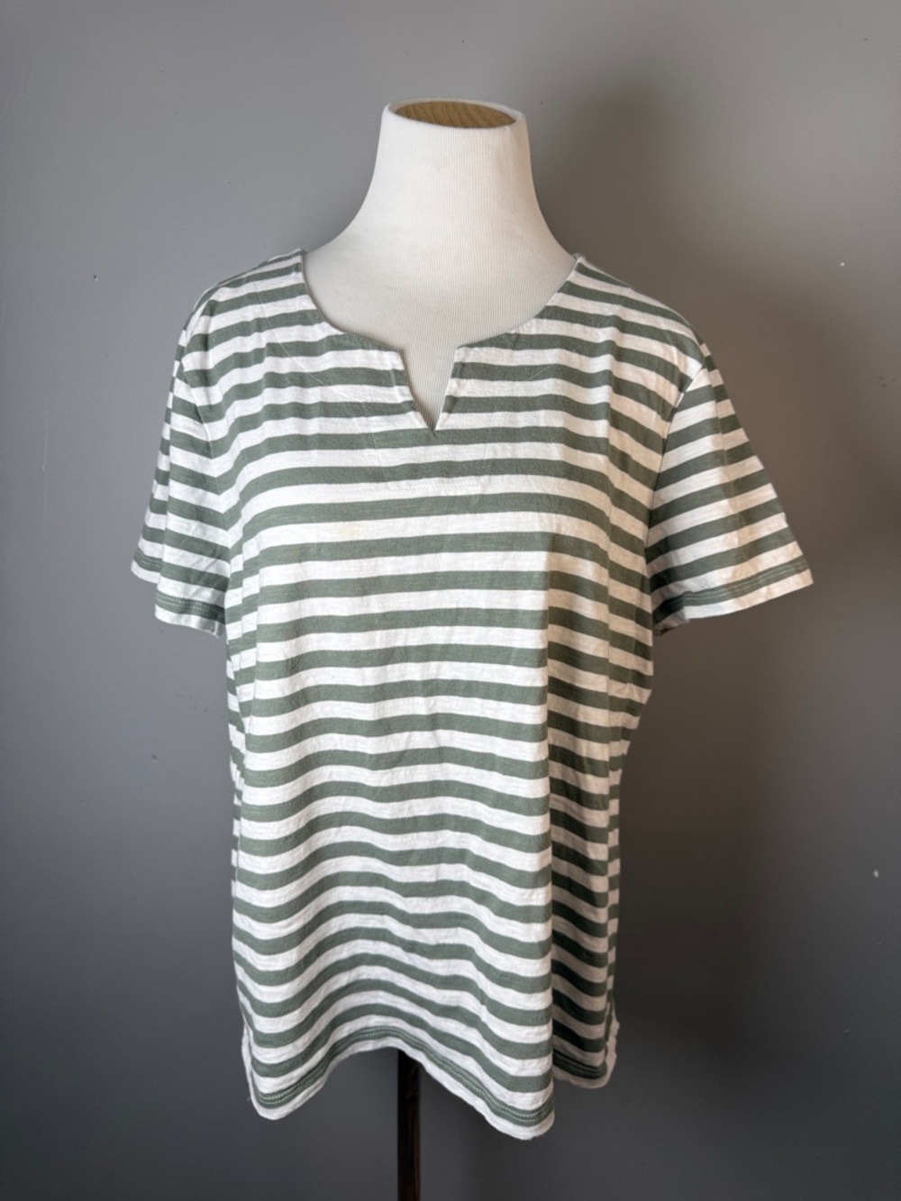 Striped Notch Neck Tee in Sage/grey and White